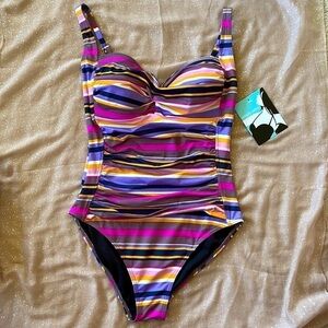 Brand New Simply Swim Striped Multicolored One Piece Swimsuit Ruching & Bra Cups